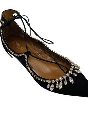 AQUAZZURA BLACK CRYSTAL EMBELLISHED SATIN CHRISTY JEWEL FLAT